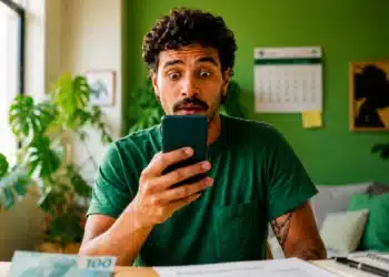 Homem olhando para o celular com expressão de surpresa, representando a consulta ao lote especial de restituição do Imposto de Renda.