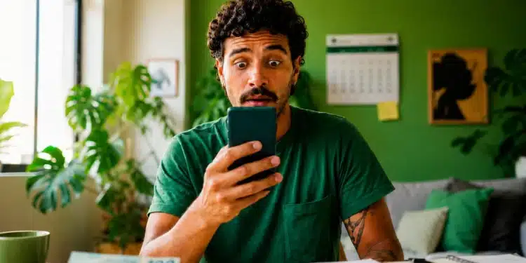 Homem olhando para o celular com expressão de surpresa, representando a consulta ao lote especial de restituição do Imposto de Renda.