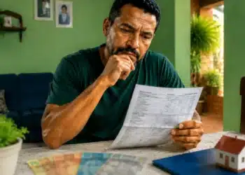 Homem consulta documento de financiamento, representando a dúvida sobre o possível uso do lucro do FGTS para reduzir parcelas do imóvel.