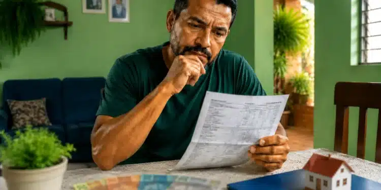 Homem consulta documento de financiamento, representando a dúvida sobre o possível uso do lucro do FGTS para reduzir parcelas do imóvel.