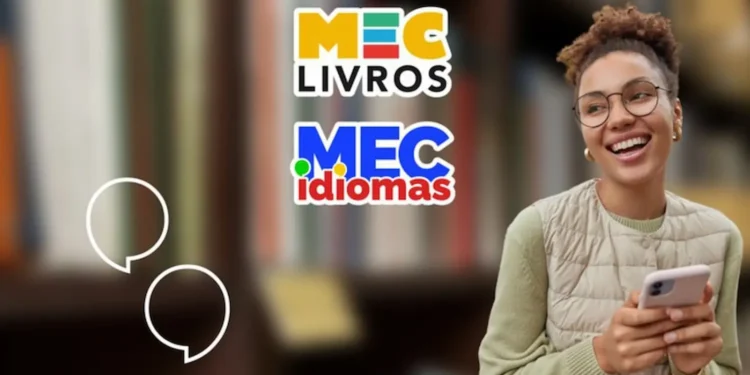 Jovem usando celular em ambiente de estudo com destaque para MEC Idiomas, plataforma de cursos gratuitos de línguas.