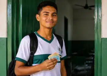 Estudante da EJA em escola pública segurando dinheiro, representando a parcela de R$ 1.000 do programa Pé-de-Meia.