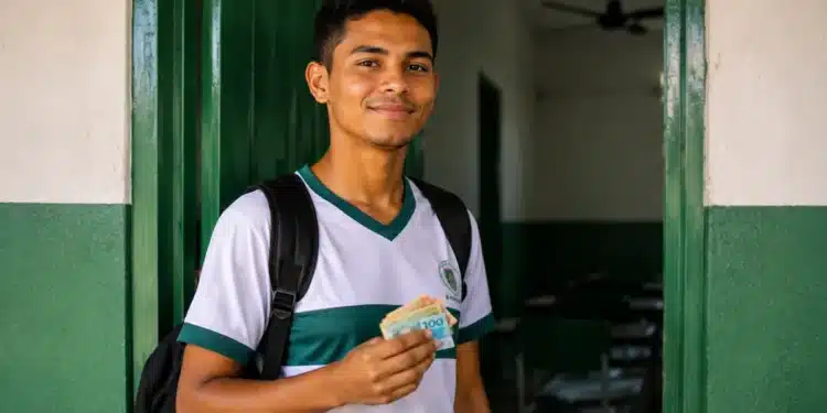 Estudante da EJA em escola pública segurando dinheiro, representando a parcela de R$ 1.000 do programa Pé-de-Meia.