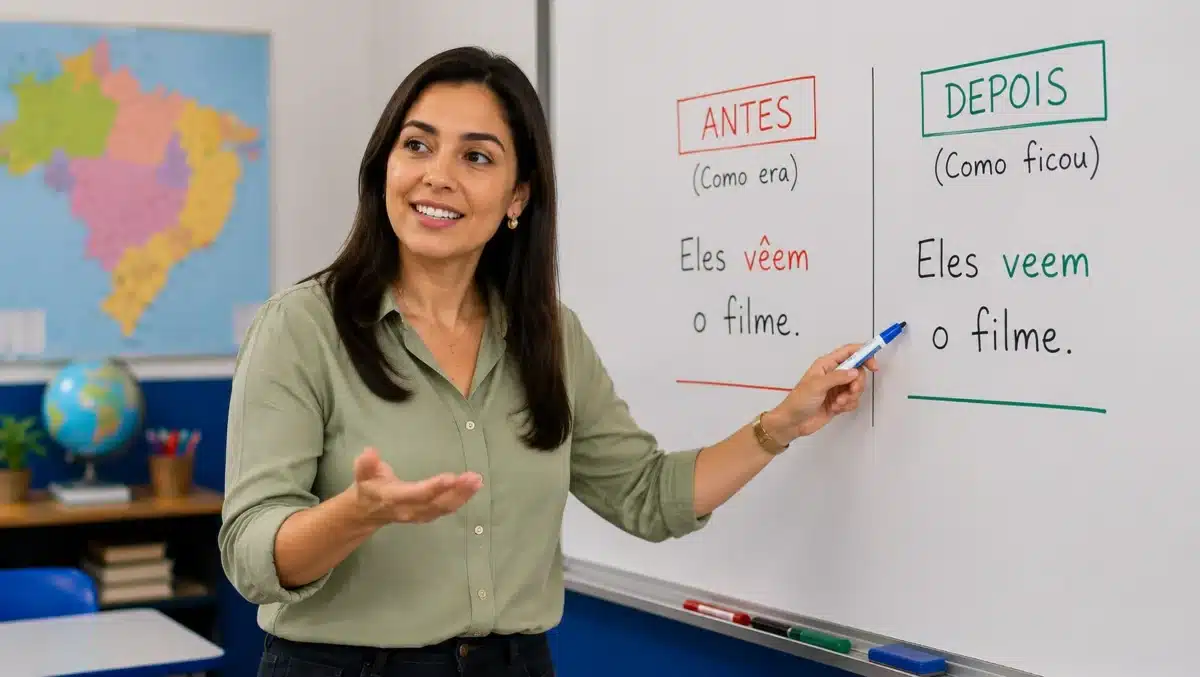 Mudanças com o Acordo Ortográfico - Perda do acento circunflexo Professora mostra no quadro a mudança da grafia “vêem” para “veem” após o Acordo Ortográfico