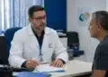 Médico do INSS atendendo segurado durante perícia médica em uma agência da Previdência Social, representando o mutirão dos dias 11 e 12 de julho.