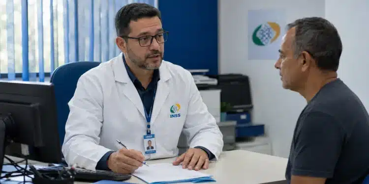Médico do INSS atendendo segurado durante perícia médica em uma agência da Previdência Social, representando o mutirão dos dias 11 e 12 de julho.