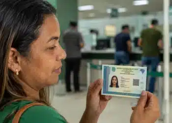 Mulher segura a nova Carteira de Identidade Nacional, representando o atendimento durante o mutirão para a emissão do documento no dia 31 de julho.