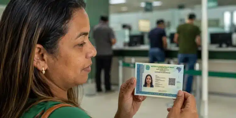 Mulher segura a nova Carteira de Identidade Nacional, representando o atendimento durante o mutirão para a emissão do documento no dia 31 de julho.