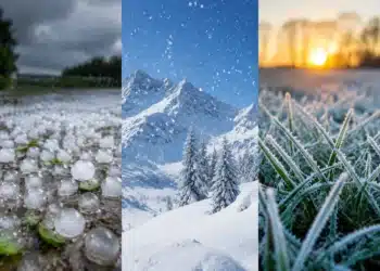 Imagem comparativa mostra granizo, neve e geada em diferentes condições climáticas de frio.