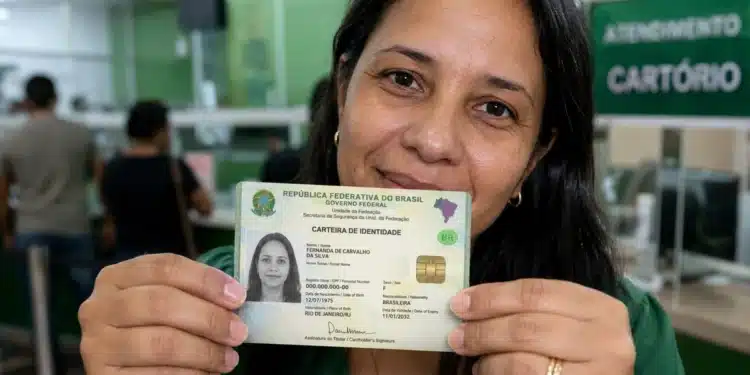 Cidadã segura a Carteira de Identidade Nacional (CIN), representando a emissão do novo documento em cartórios.