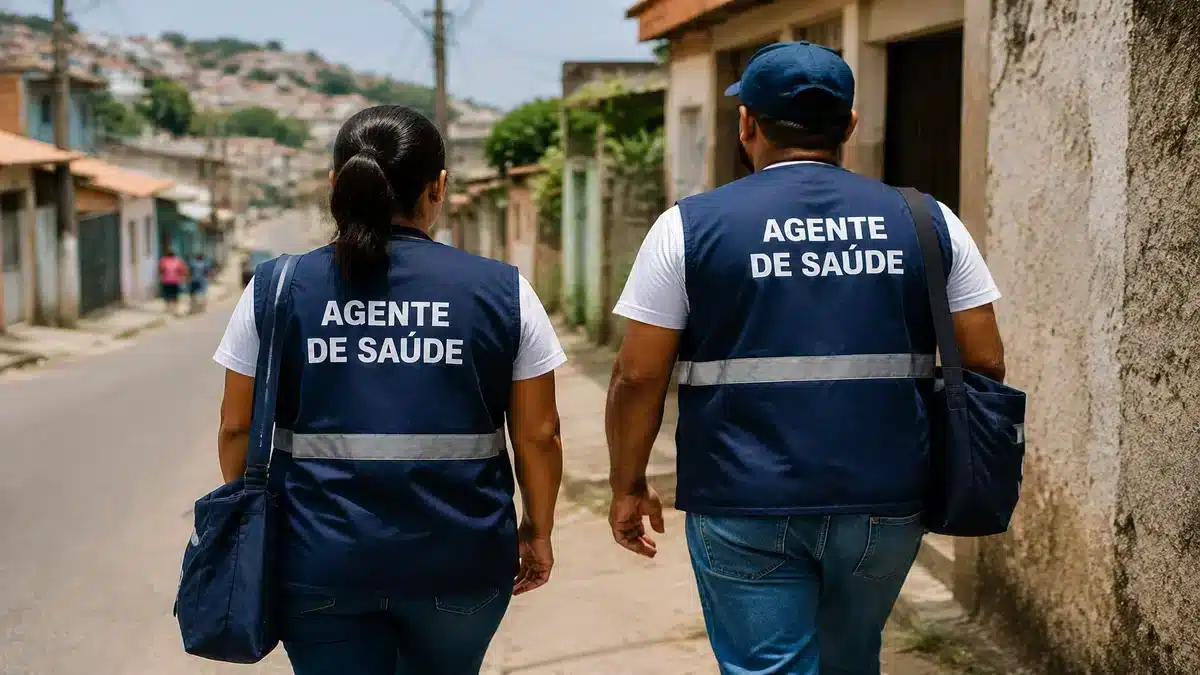 Agentes de saúde - Nova regra de aposentadoria Agentes de saúde caminham por uma comunidade durante ações de atendimento à população pelo Sistema Único de Saúde (SUS), representando os profissionais beneficiados pela nova regra.