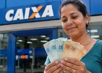 Mulher conferindo cédulas de real em frente a uma agência da Caixa, representando o saque de R$ 6,2 mil do FGTS.