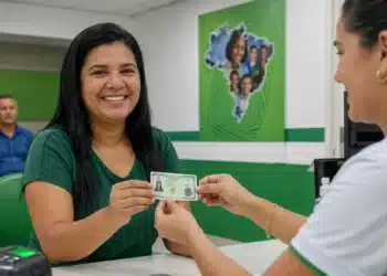 Pessoa recebendo a nova Carteira de Identidade, representando as ações de mutirão para atendimento e emissão do documento no mês de julho.