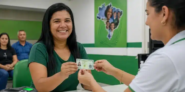 Pessoa recebendo a nova Carteira de Identidade, representando as ações de mutirão para atendimento e emissão do documento no mês de julho.