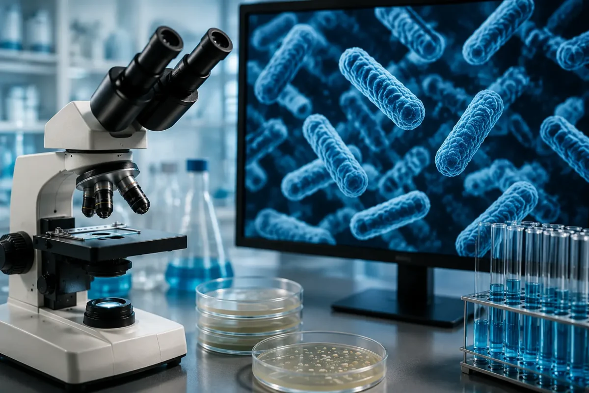 Origem da palavra bactéria Microscópio em laboratório com imagem ampliada de bactérias representando a origem do termo bactéria