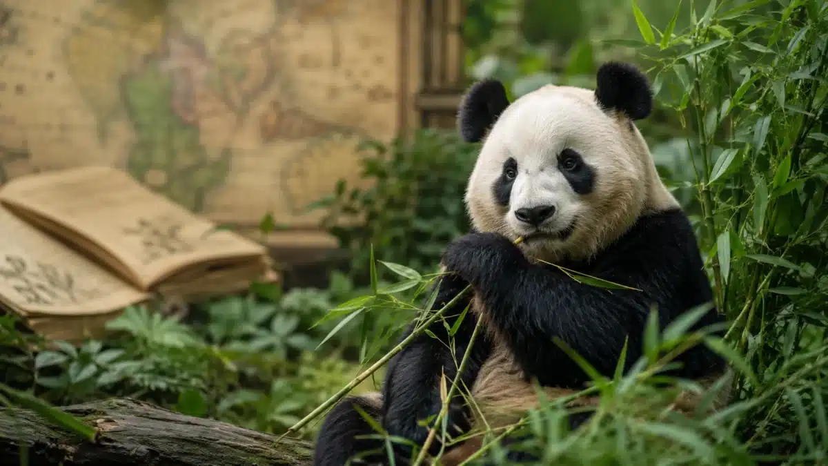 Origem da palavra panda - Relação com o idioma nepalês Panda-gigante entre bambus, com livro antigo e mapa ao fundo, representando a origem da palavra “panda”.