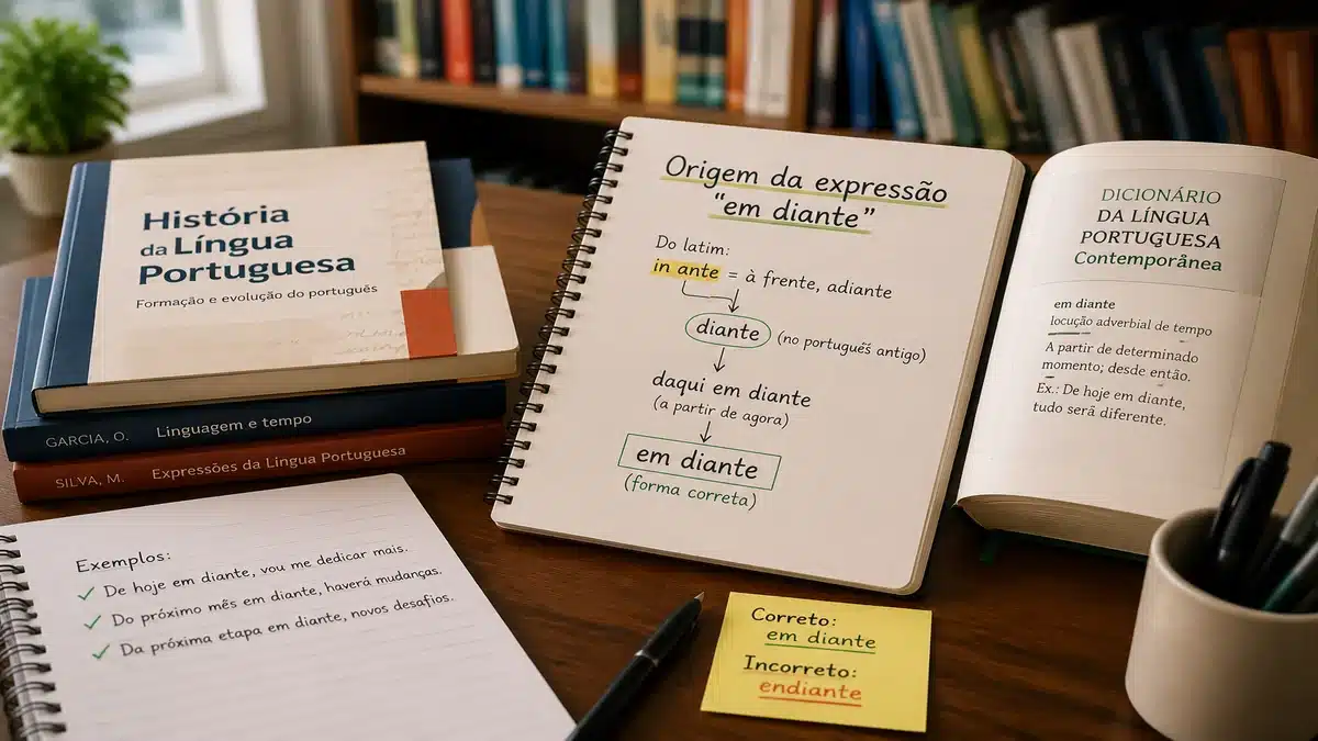 Origem de “em diante” - Expressão na língua portuguesa Mesa de estudos com livros e anotações sobre a origem da expressão “em diante” na língua portuguesa