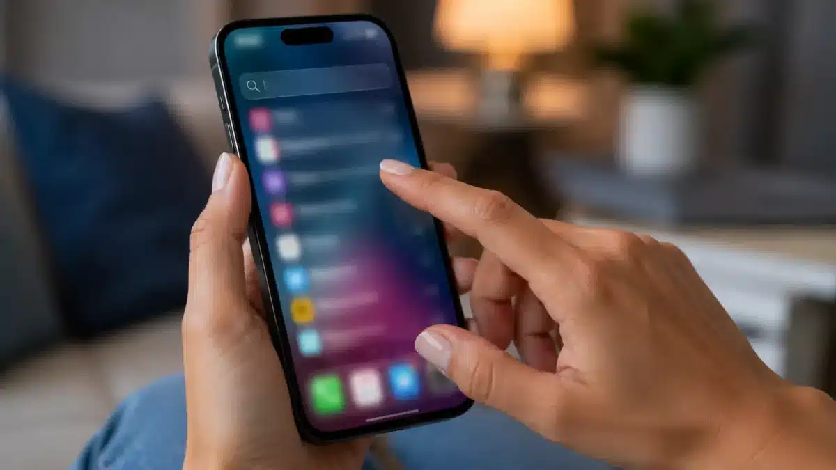 Otimização do Spotlight no iOS 26.6 - Organização de dados do iPhone Mão utilizando iPhone em destaque, representando a busca e a organização de informações pelo Spotlight no iOS 26.6.
