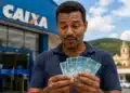 Homem segurando notas de real em frente a uma agência da Caixa, representando o pagamento antecipado do PIS/Pasep 2026 para trabalhadores de municípios de Minas Gerais.