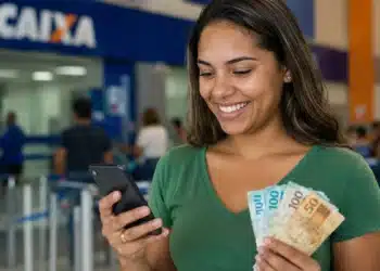 Mulher consulta pagamento pelo celular enquanto segura notas de real em agência bancária, representando o pagamento do Abono Salarial e da restituição do Imposto de Renda.