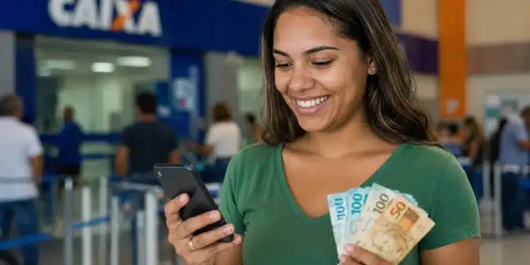 Mulher consulta pagamento pelo celular enquanto segura notas de real em agência bancária, representando o pagamento do Abono Salarial e da restituição do Imposto de Renda.