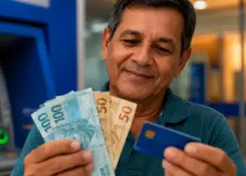 Homem segura notas de real e cartão bancário diante de um caixa eletrônico, em referência ao pagamento do 13º salário em novembro.