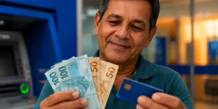 Homem segura notas de real e cartão bancário diante de um caixa eletrônico, em referência ao pagamento do 13º salário em novembro.