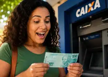 Mulher confere uma nota de R$ 100 após sacar dinheiro em caixa eletrônico, representando o pagamento do 3º lote da restituição do Imposto de Renda.
