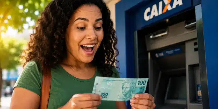 Mulher confere uma nota de R$ 100 após sacar dinheiro em caixa eletrônico, representando o pagamento do 3º lote da restituição do Imposto de Renda.