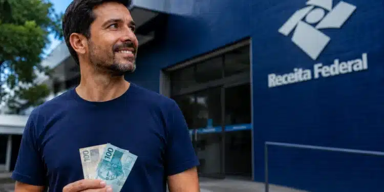 Homem segura cédulas de real em frente a uma unidade da Receita Federal, representando o pagamento de R$ 500 milhões a contribuintes.