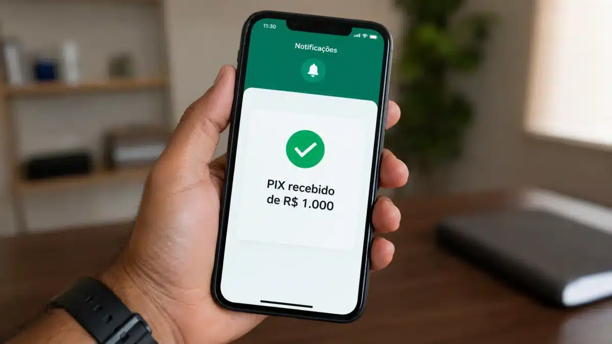 Pagamento da restituição automática do IR - Chave Pix do tipo CPF Celular mostra notificação de Pix recebido, representando pagamento da restituição automática pelo CPF