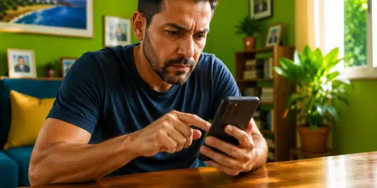 Homem utilizando celular para realizar pagamento digital enquanto cédula de dinheiro aparece desfocada em mesa, representando a pensão alimentícia via Pix.