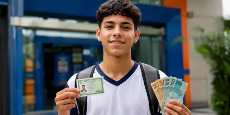 Estudante segura documento e notas de real, representando o pagamento das parcelas do Pé-de-Meia em agosto de 2026.