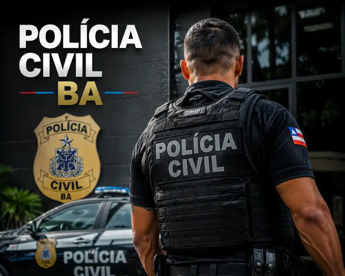 Concurso PC BA: inscrições para o edital da Polícia Civil da Bahia Policial civil da Bahia em frente a viatura da Polícia Civil durante divulgação do concurso PC BA.