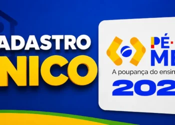 Arte com o texto "Cadastro Único" em destaque sobre fundo azul e, ao lado, a identidade visual do programa Pé-de-Meia 2026 com o logotipo e a inscrição "A poupança do ensino médio".