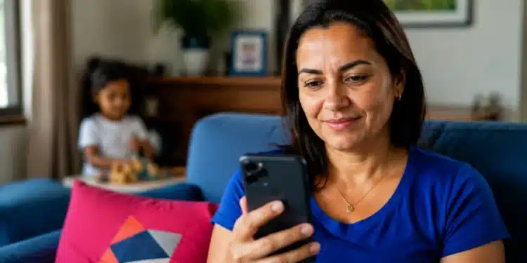 Mulher brasileira consultando smartphone em casa enquanto criança aparece ao fundo, representando o pagamento automatizado de pensão alimentícia pelo Pix