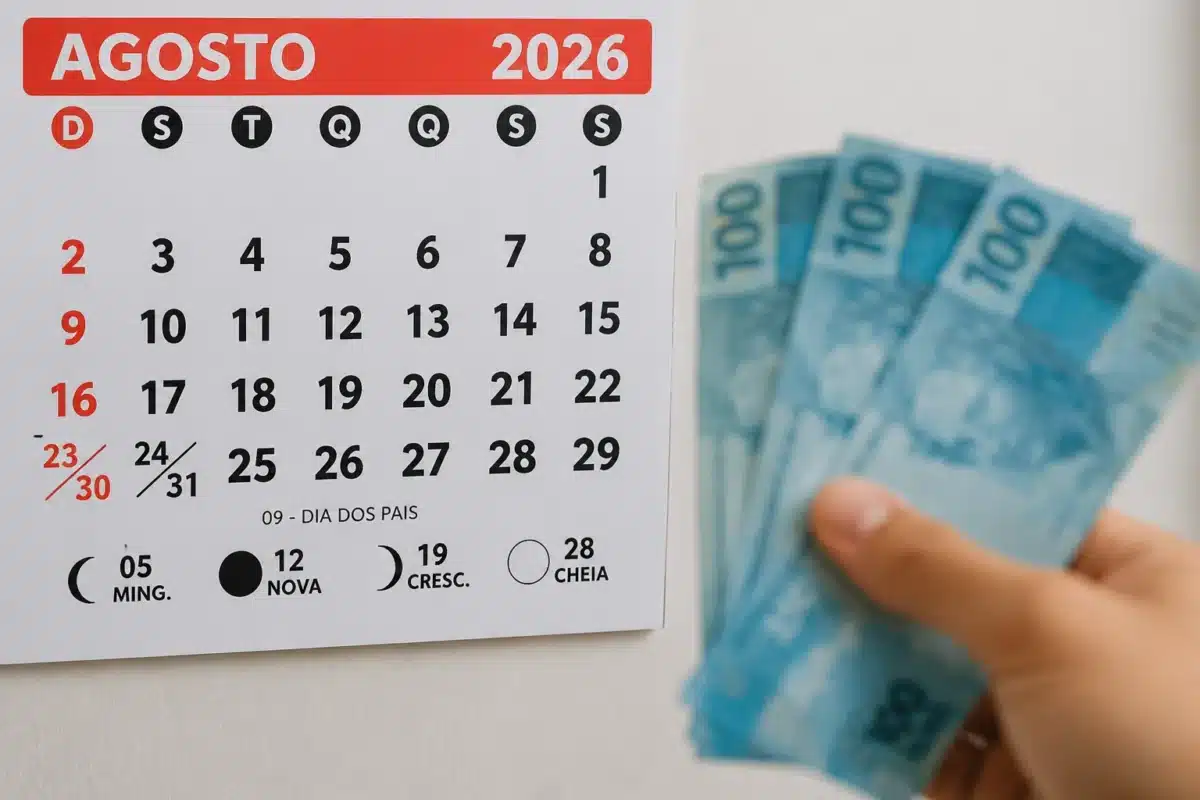 Lucro do FGTS - Depósitos em agosto de 2026 Calendário de agosto de 2026 ao lado de mão segurando cédulas de real representa o período de depósito do lucro do FGTS pela Caixa.