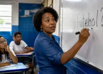 Professora escrevendo “futebol?” no quadro durante aula de português, representando a dúvida sobre o plural da palavra.