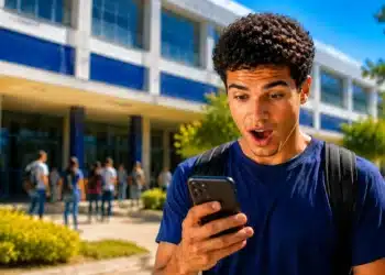 Estudante consulta resultado do Fies 2026 pelo celular em frente a uma universidade