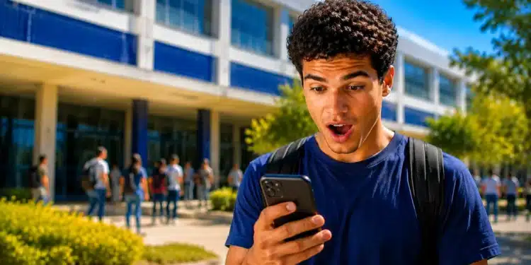 Estudante consulta resultado do Fies 2026 pelo celular em frente a uma universidade