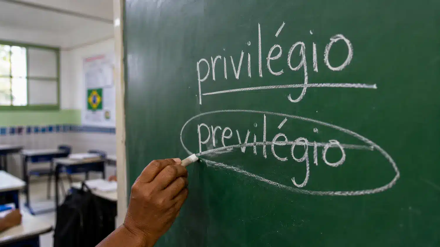 Privilégio ou previlégio: qual é a forma correta? Professora indica no quadro a grafia correta de privilégio e risca a forma incorreta previlégio.