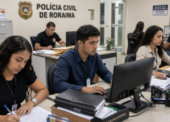 Estagiários trabalham em computadores e analisam documentos na Polícia Civil de Roraima.