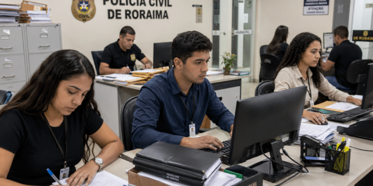 Estagiários trabalham em computadores e analisam documentos na Polícia Civil de Roraima.