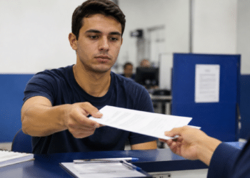 Candidato entrega documento em mesa de atendimento durante processo seletivo da SESA Paraná.