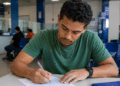Jovem preenche formulário em sala de espera durante inscrição para processo seletivo.