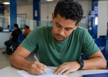Jovem preenche formulário em sala de espera durante inscrição para processo seletivo.