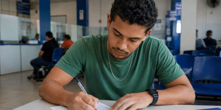 Jovem preenche formulário em sala de espera durante inscrição para processo seletivo.