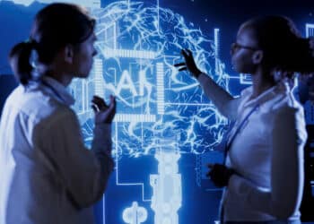 Profissionais analisam painel digital de inteligência artificial que transforma o mercado de trabalho