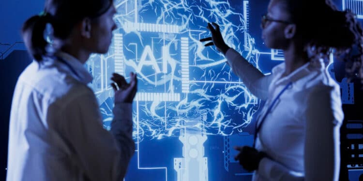 Profissionais analisam painel digital de inteligência artificial que transforma o mercado de trabalho