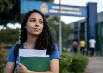 Jovem universitária segura documentos diante de uma instituição de ensino, representando a prorrogação das inscrições do Fies 2026.2.